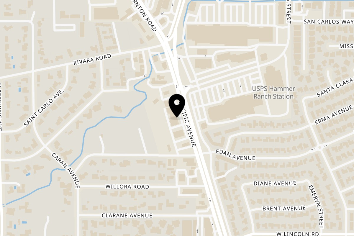 Map showing the location of Peking Restaurant on 7555 Pacific Ave #115 in Stockton